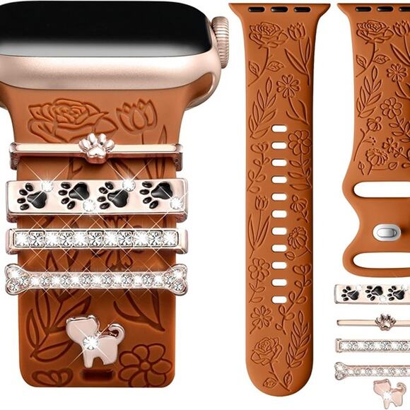 Flower Engraved Band Compatible with Apple Watch Bands for Women RedBrown Band